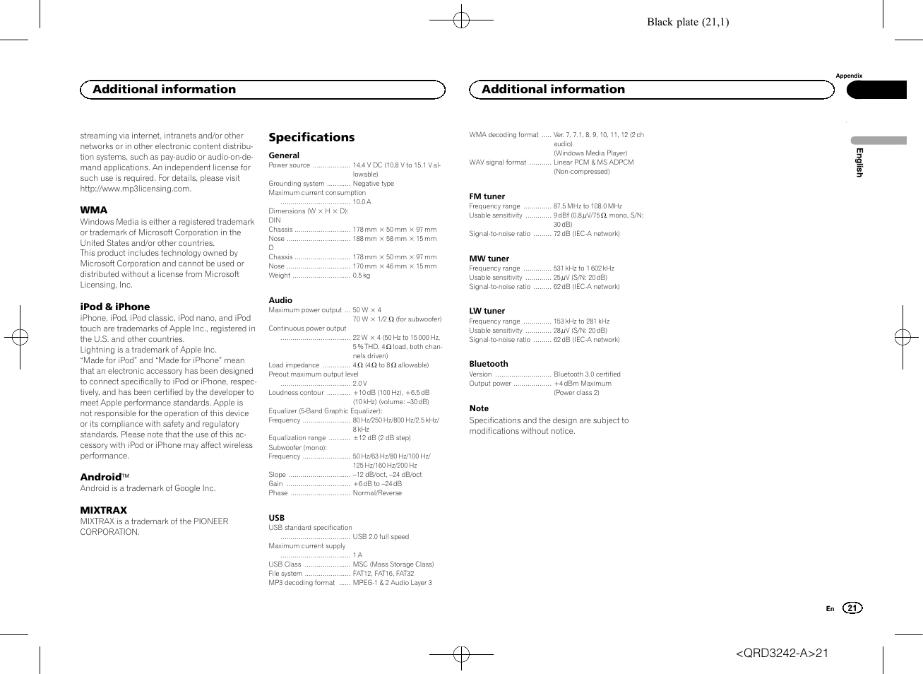 Specifications, Additional information | Pioneer MVH-X560BT User Manual | Page 21 / 164