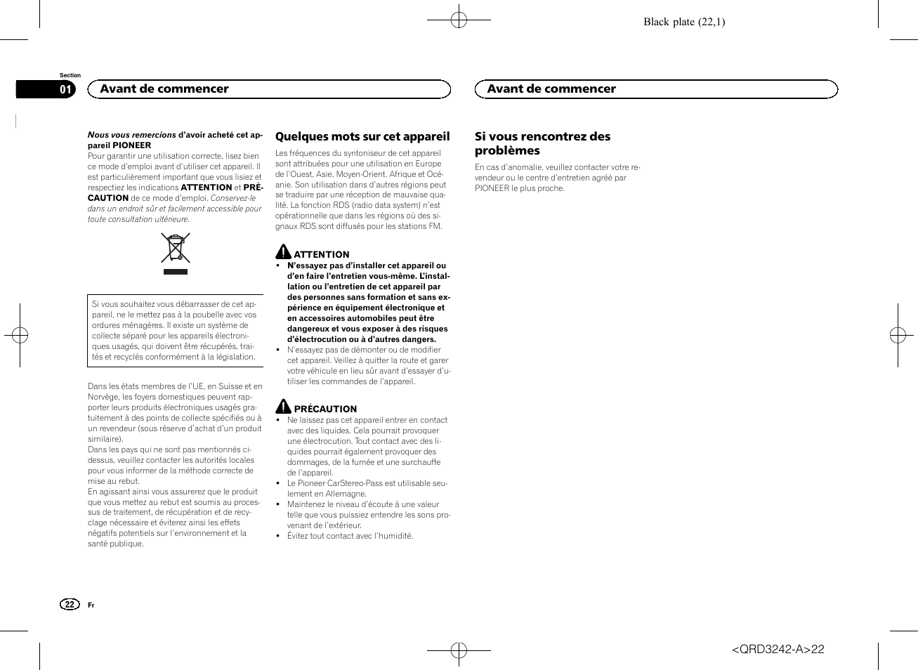 Mode d, Emploi, Recepteur numerique multimedia | Quelques mots sur cet appareil, Si vous rencontrez des problèmes, Avant de commencer | Pioneer MVH-X560BT User Manual | Page 22 / 164