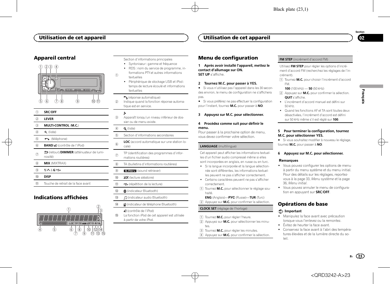 Appareil central, Indications affichées, Menu de configuration | Opérations de base, Utilisation de cet appareil | Pioneer MVH-X560BT User Manual | Page 23 / 164