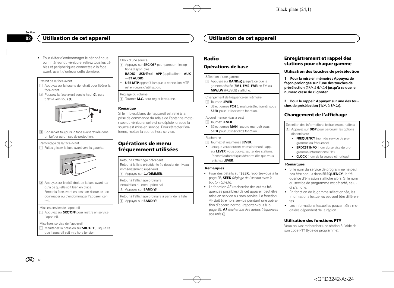 Opérations de menu fréquemment utilisées, Radio, Utilisation de cet appareil | Pioneer MVH-X560BT User Manual | Page 24 / 164