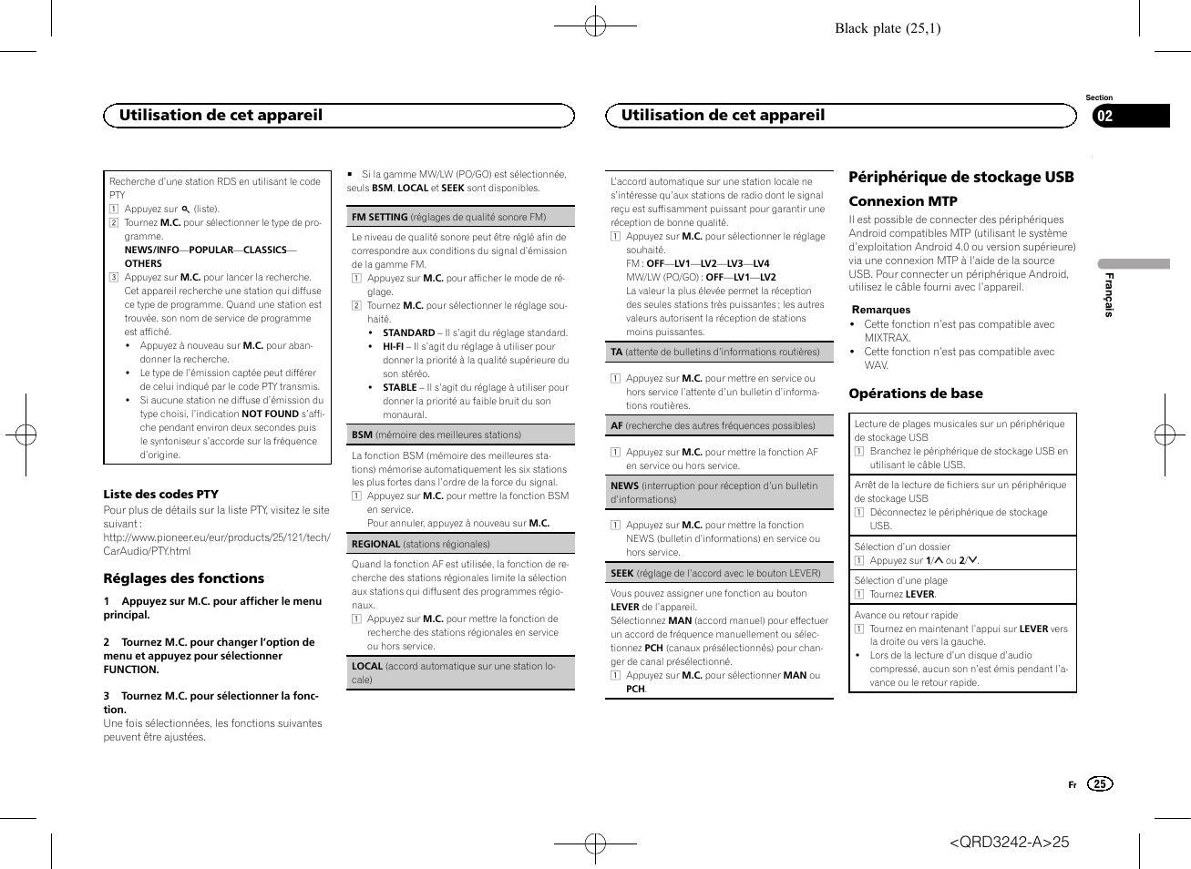 Seek (réglage de l, Accord avec le, Bouton lever) | Af (recherche des autres fréquences, Possibles), Périphérique de stockage usb, Utilisation de cet appareil | Pioneer MVH-X560BT User Manual | Page 25 / 164