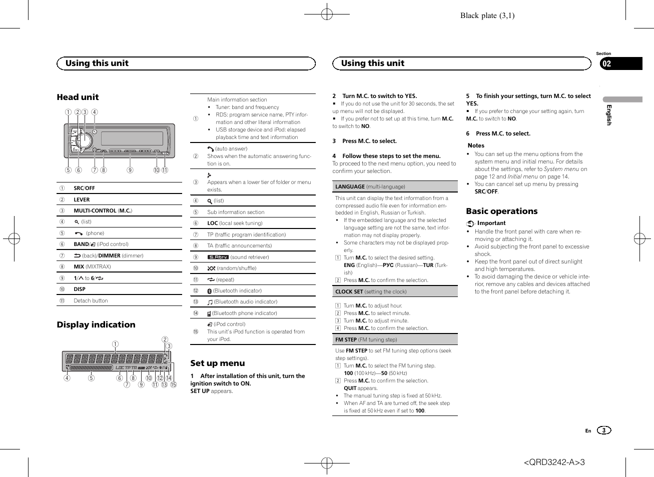 Head unit, Display indication, Set up menu | Basic operations, Using this unit | Pioneer MVH-X560BT User Manual | Page 3 / 164