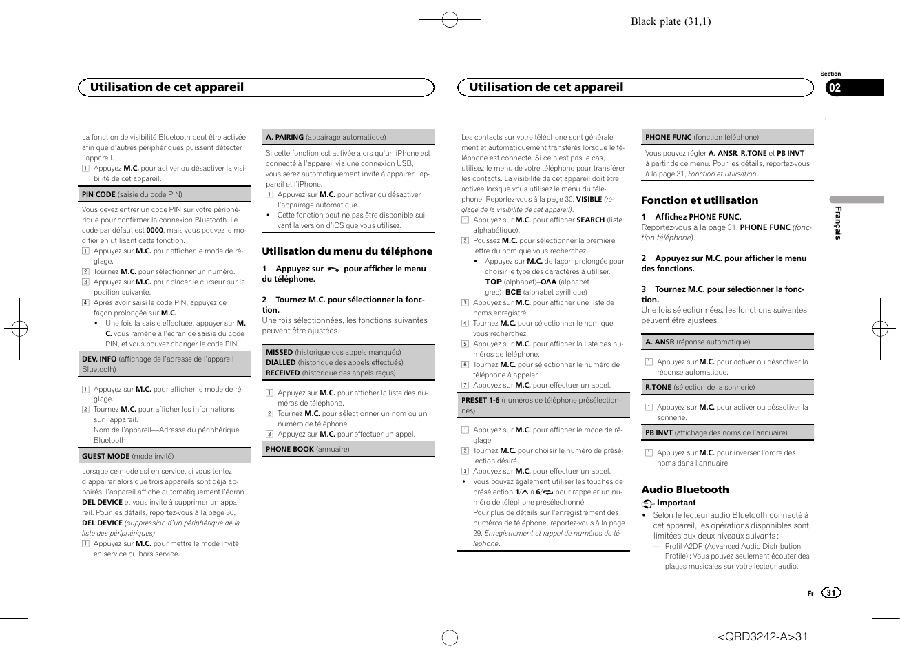 Menu du téléphone, Utilisation de cet appareil | Pioneer MVH-X560BT User Manual | Page 31 / 164