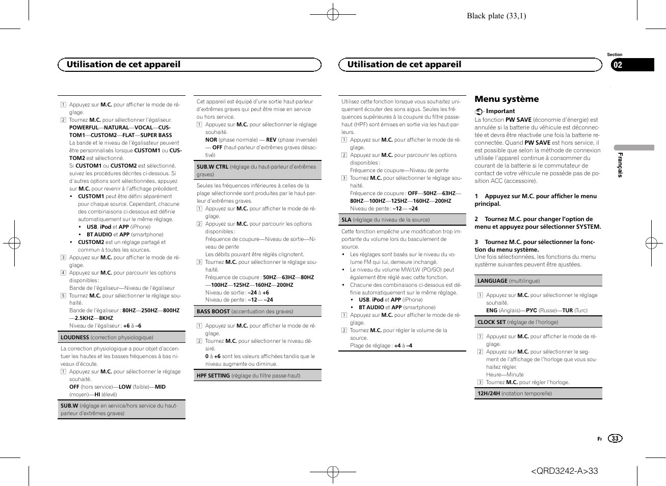 Sub.w (ré, Glage en service/hors service du haut-parleur d, Extrêmes graves) | Menu système, Utilisation de cet appareil | Pioneer MVH-X560BT User Manual | Page 33 / 164