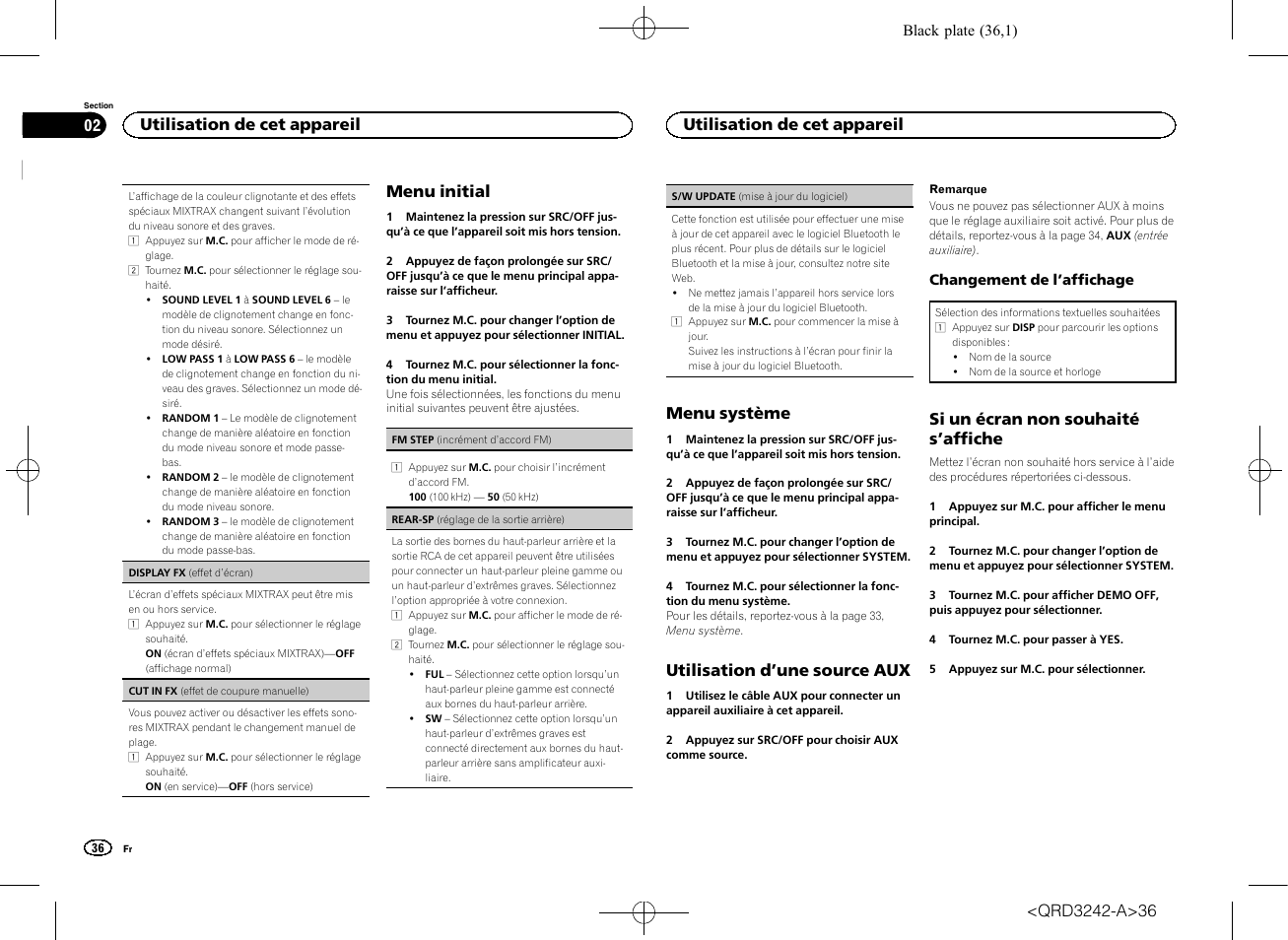 Rear-sp (réglage, De la sortie arrière), Menu initial | Menu système, Utilisation d ’une source aux, Si un écran non souhaité s ’affiche, Utilisation de cet appareil | Pioneer MVH-X560BT User Manual | Page 36 / 164