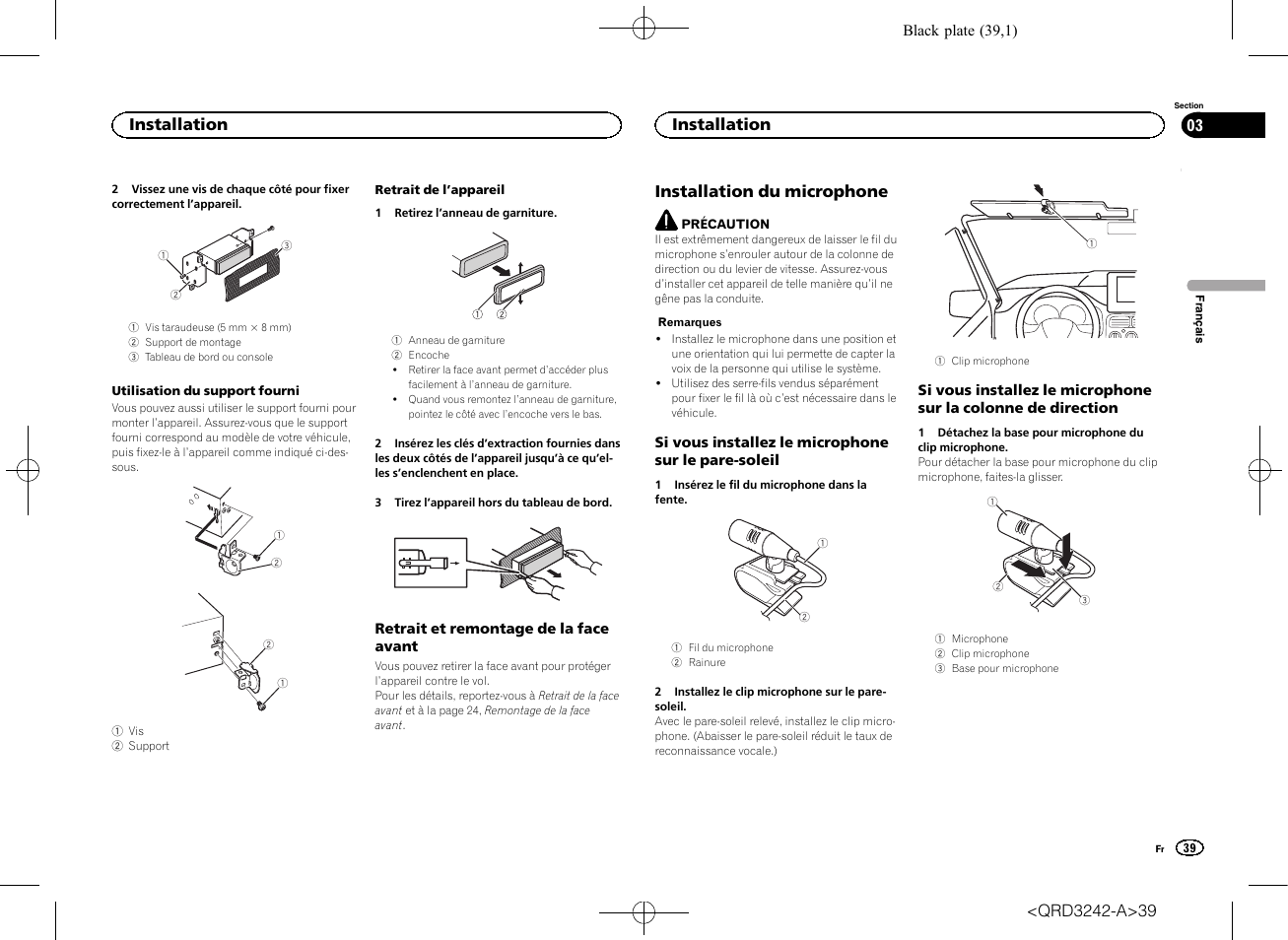 Installation du microphone, Installation | Pioneer MVH-X560BT User Manual | Page 39 / 164