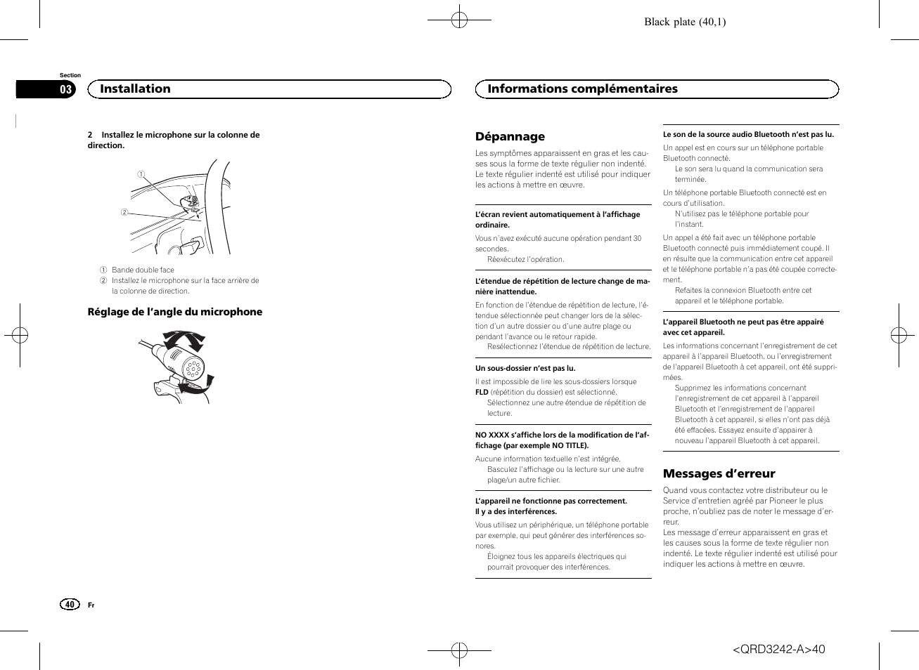 Dépannage, Messages d ’erreur, Installation | Informations complémentaires | Pioneer MVH-X560BT User Manual | Page 40 / 164