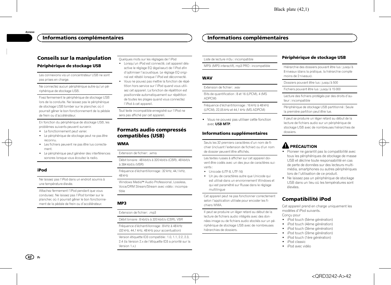 Conseils sur la manipulation, Formats audio compressés compatibles (usb), Compatibilité ipod | Informations complémentaires | Pioneer MVH-X560BT User Manual | Page 42 / 164