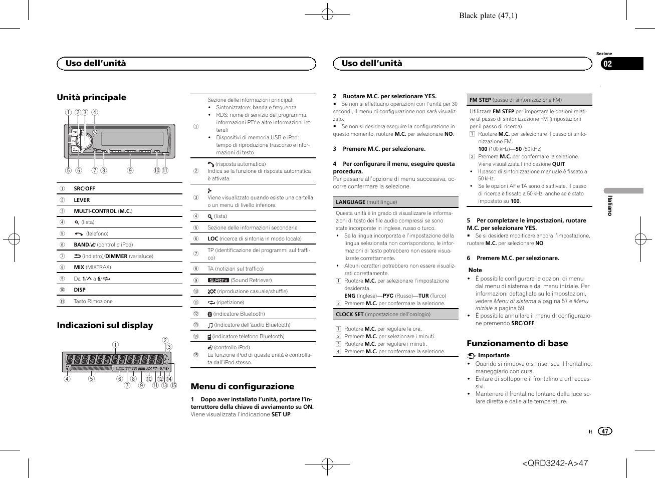 Unità principale, Indicazioni sul display, Menu di configurazione | Funzionamento di base, Uso dell ’unità | Pioneer MVH-X560BT User Manual | Page 47 / 164