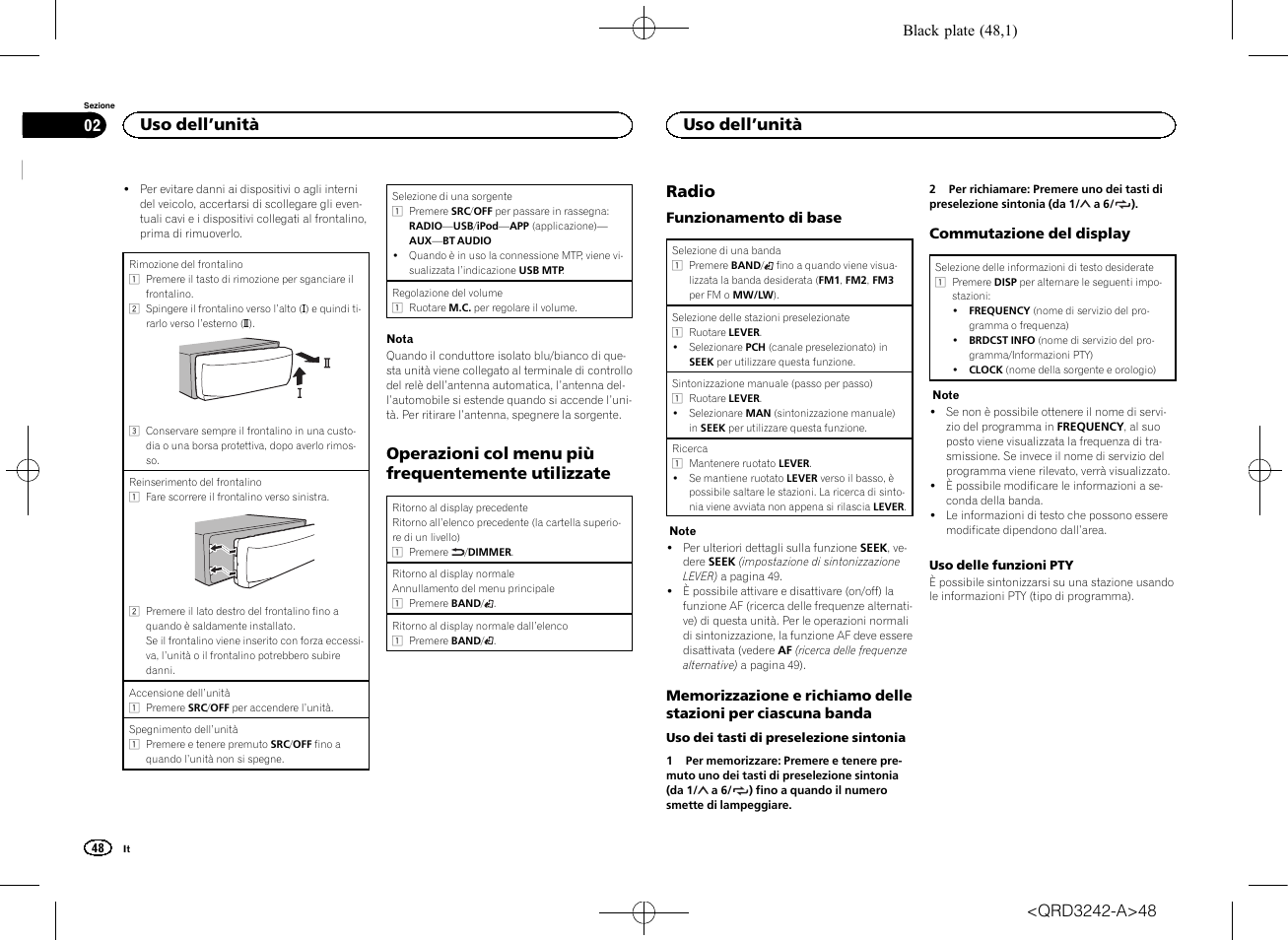 Operazioni col menu più frequentemente utilizzate, Radio, Uso dell ’unità | Pioneer MVH-X560BT User Manual | Page 48 / 164