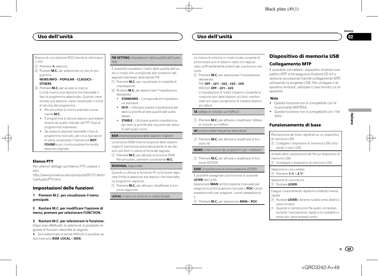 Seek (impostazione di sintonizzazione, Af (ricerca delle frequenze, Uso dell ’unità | Pioneer MVH-X560BT User Manual | Page 49 / 164