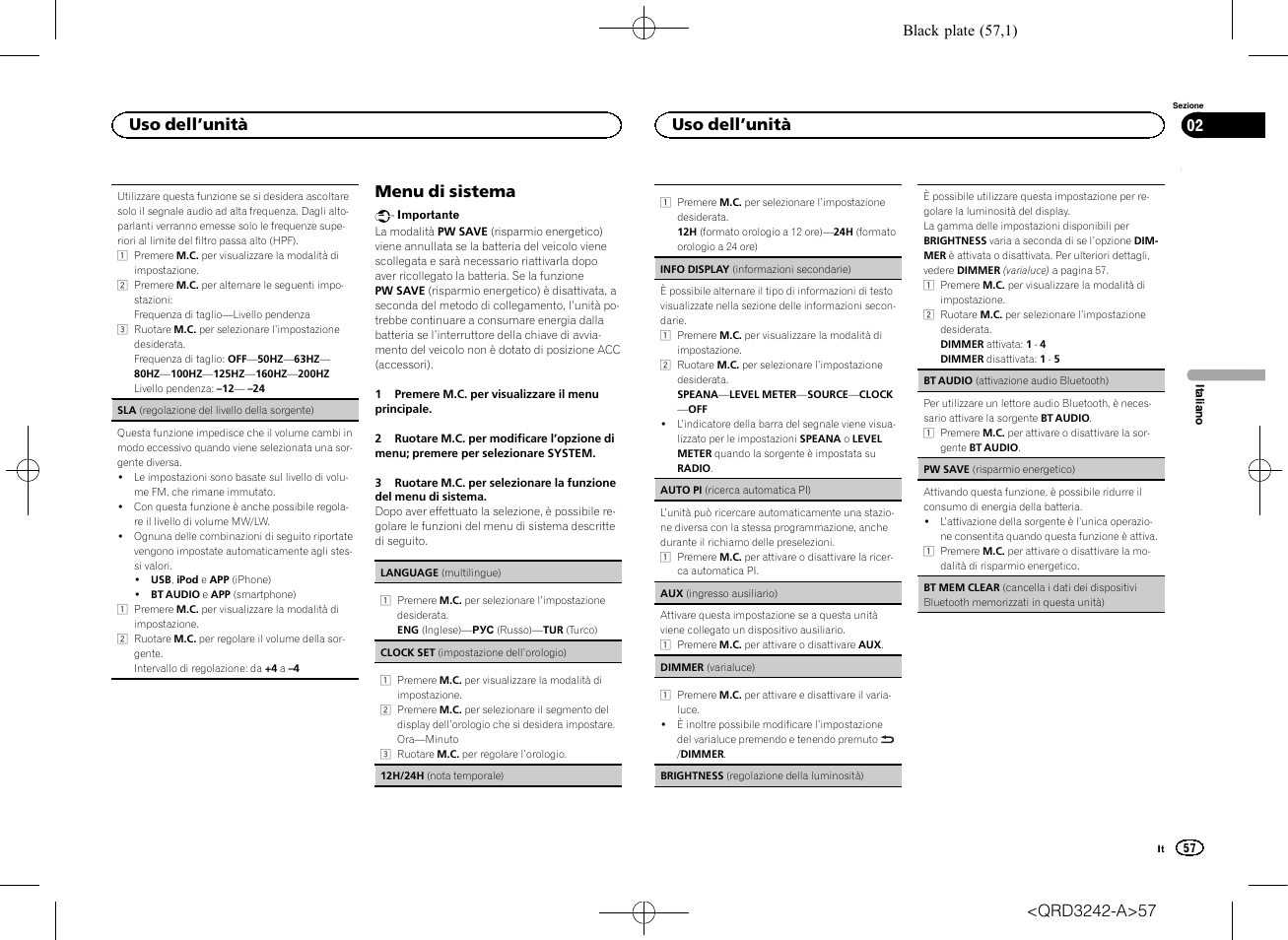 Menu di sistema, Uso dell ’unità | Pioneer MVH-X560BT User Manual | Page 57 / 164