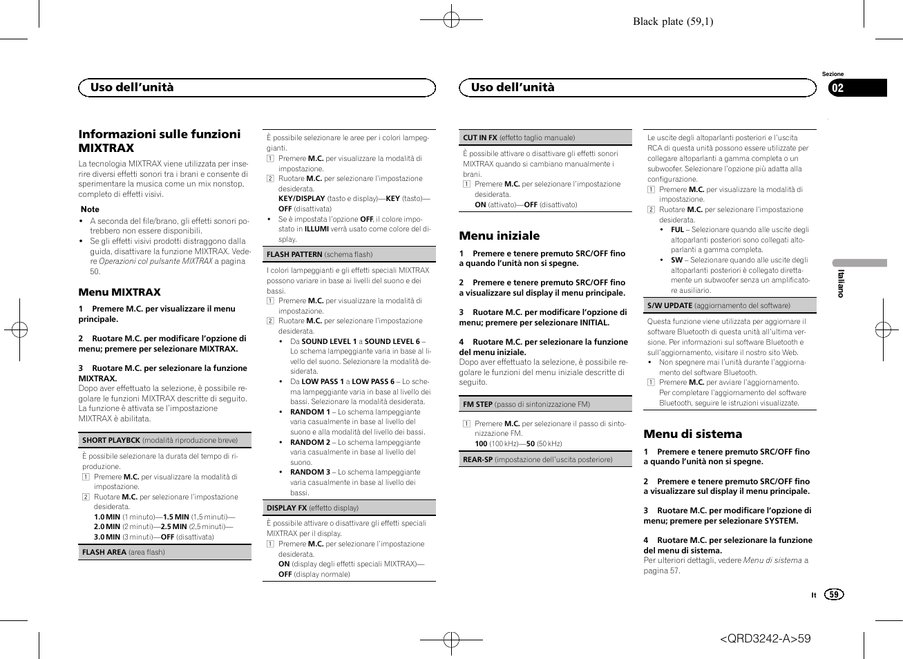 Rear-sp (impostazione dell, Usci, Informazioni sulle funzioni mixtrax | Menu iniziale, Menu di sistema, Uso dell ’unità | Pioneer MVH-X560BT User Manual | Page 59 / 164