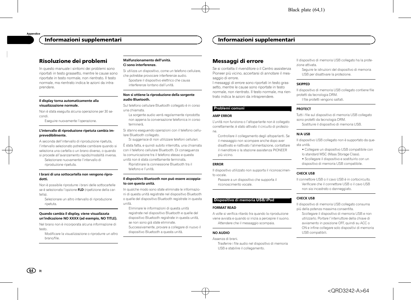 Risoluzione dei problemi, Messaggi di errore, Informazioni supplementari | Pioneer MVH-X560BT User Manual | Page 64 / 164
