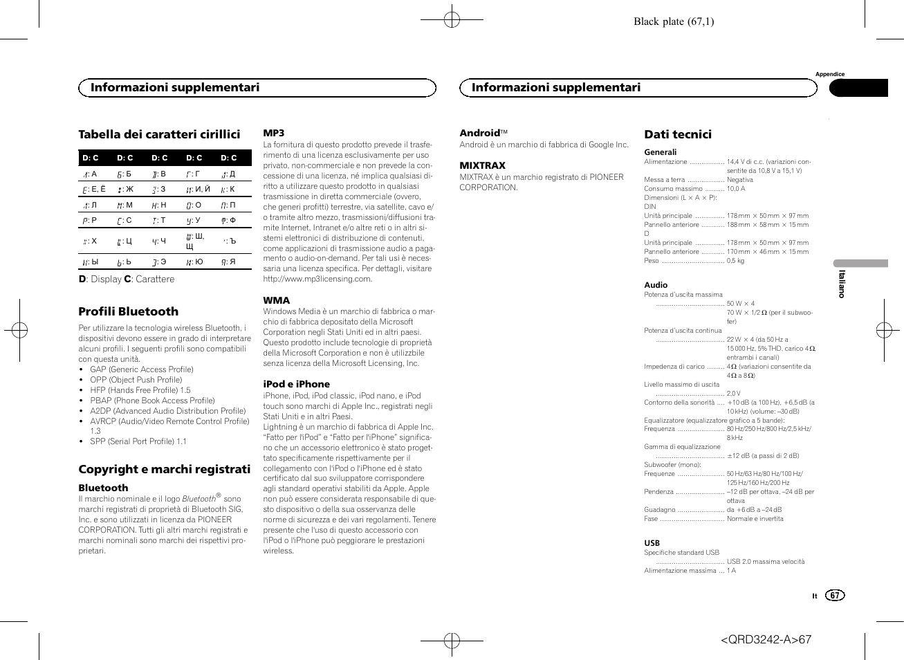 Tabella dei caratteri cirillici, Profili bluetooth, Copyright e marchi registrati | Dati tecnici, Informazioni supplementari | Pioneer MVH-X560BT User Manual | Page 67 / 164