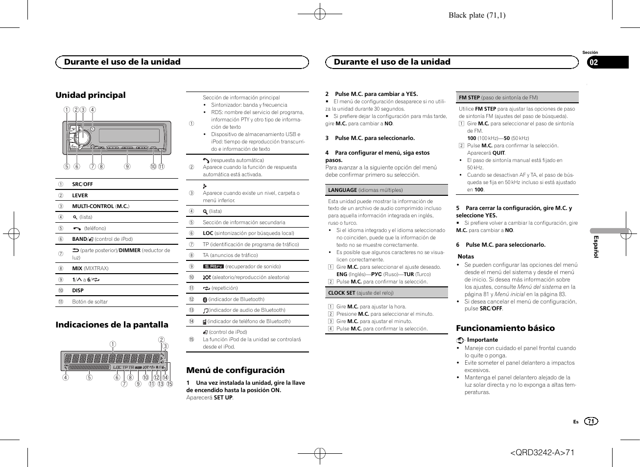 Unidad principal, Indicaciones de la pantalla, Menú de configuración | Funcionamiento básico, Durante el uso de la unidad | Pioneer MVH-X560BT User Manual | Page 71 / 164