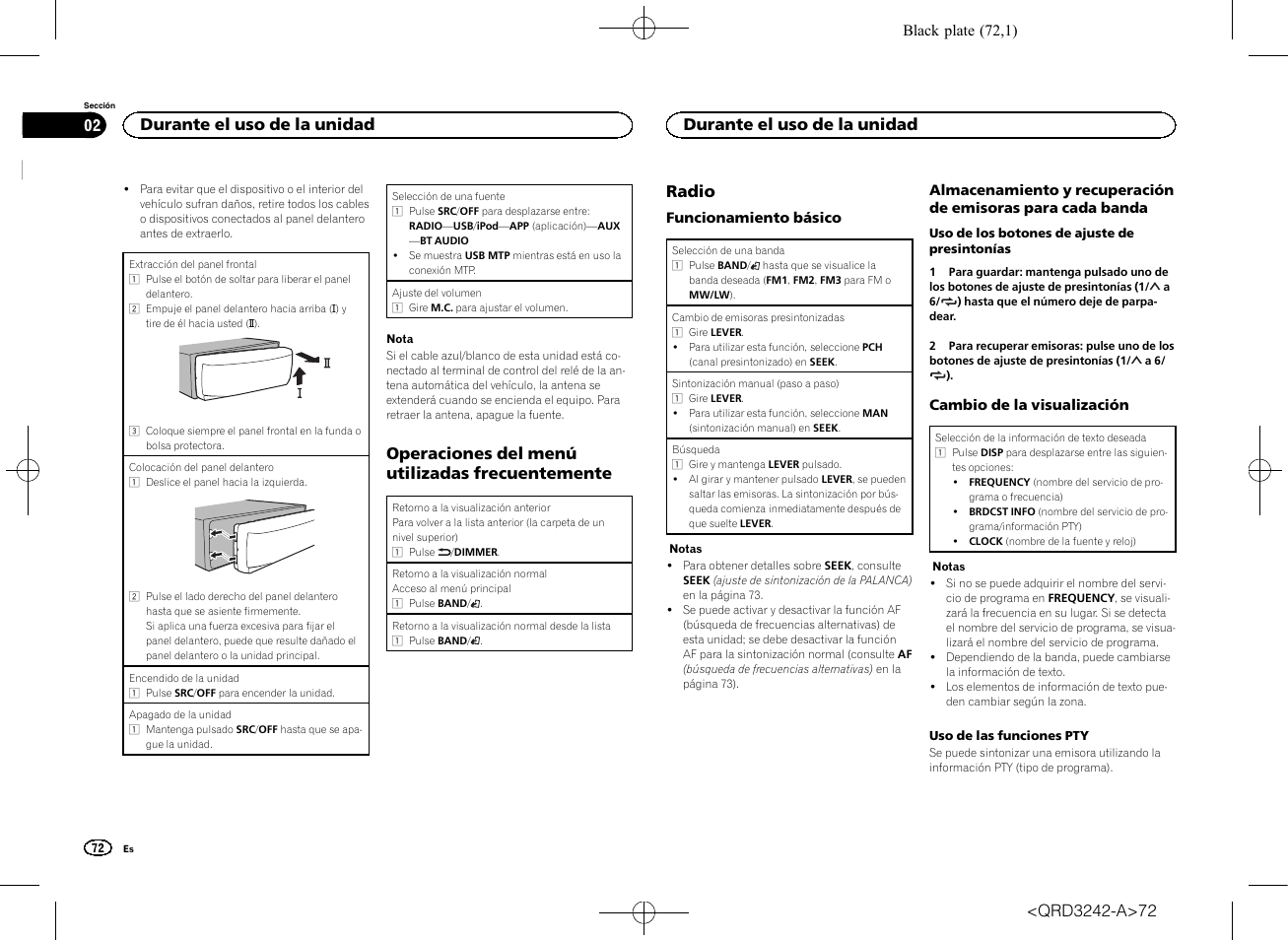 Operaciones del menú utilizadas frecuentemente, Radio, Durante el uso de la unidad | Pioneer MVH-X560BT User Manual | Page 72 / 164