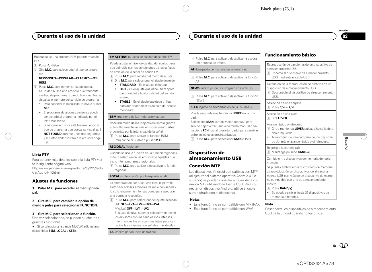 Dispositivo de almacenamiento usb, Durante el uso de la unidad | Pioneer MVH-X560BT User Manual | Page 73 / 164
