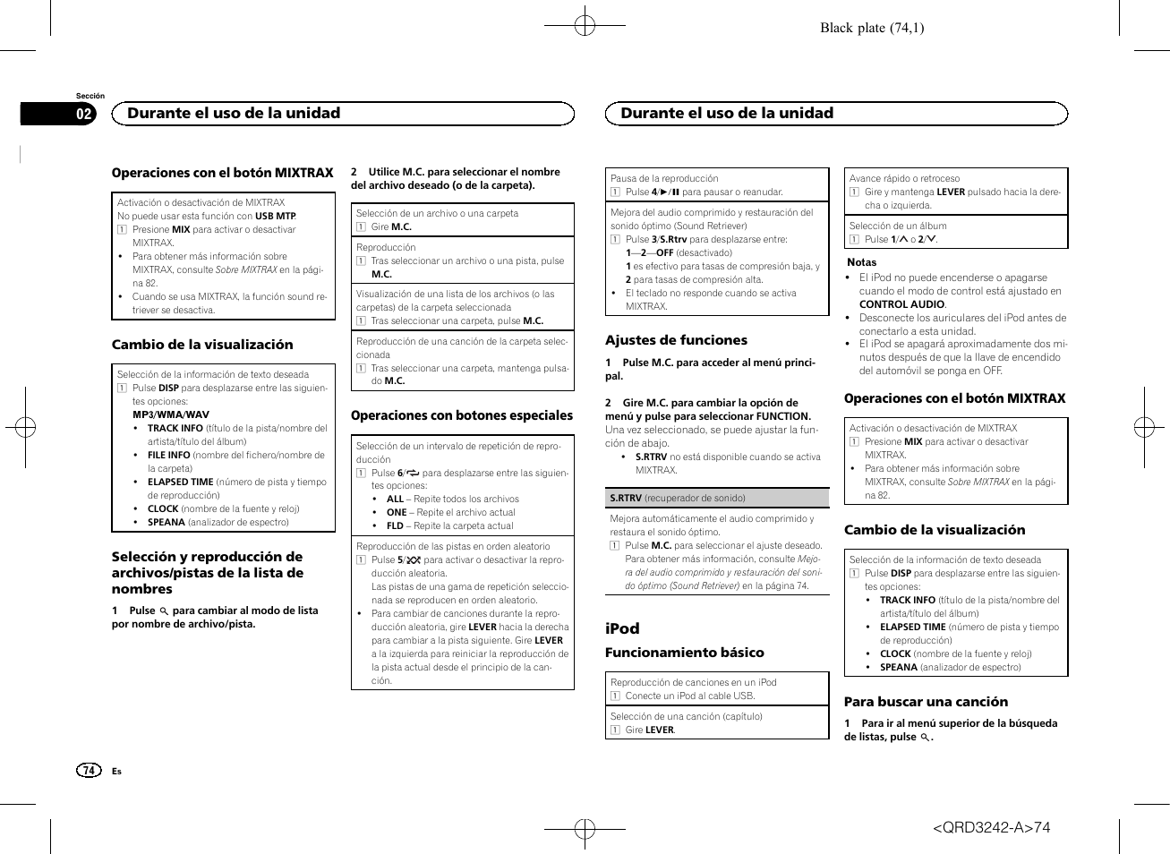Ipod, Durante el uso de la unidad | Pioneer MVH-X560BT User Manual | Page 74 / 164