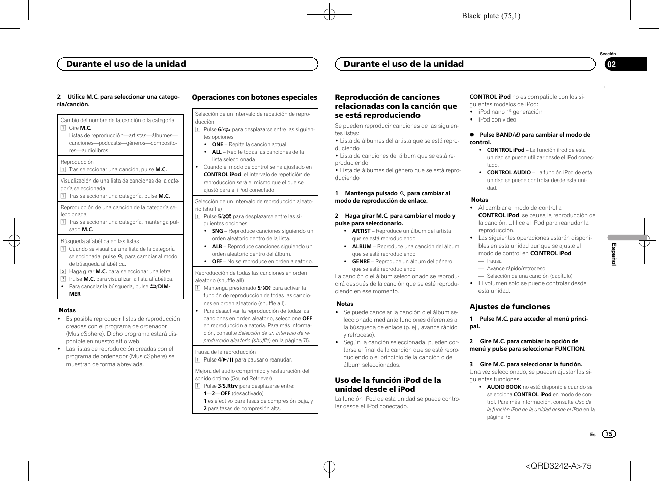 Durante el uso de la unidad | Pioneer MVH-X560BT User Manual | Page 75 / 164