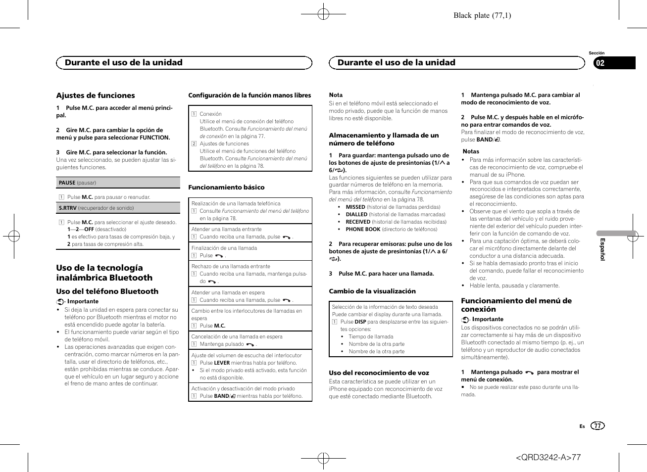 Uso de la tecnología inalámbrica bluetooth, Durante el uso de la unidad | Pioneer MVH-X560BT User Manual | Page 77 / 164