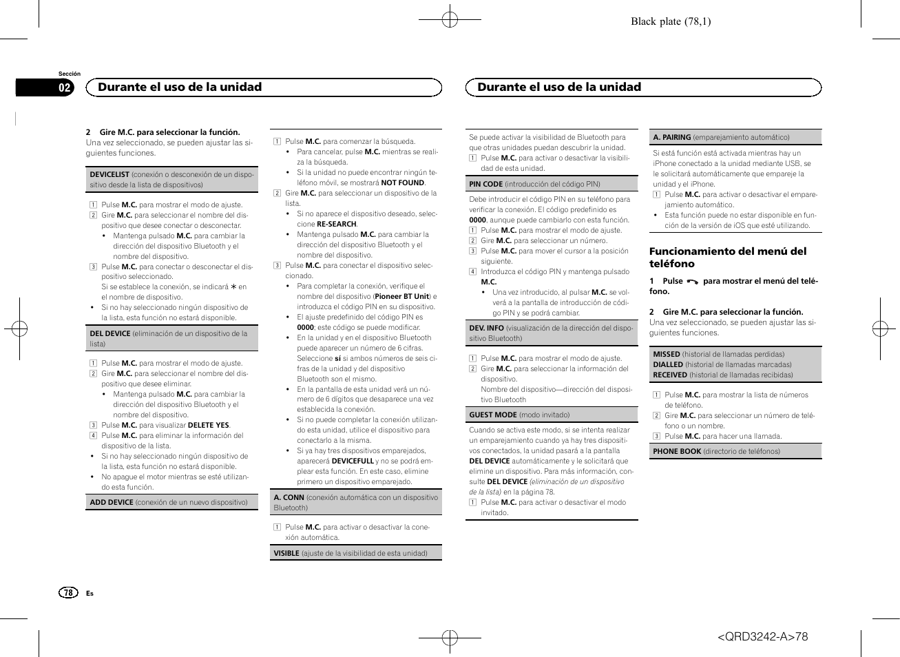 Funcionamiento del menú del teléfono, Durante el uso de la unidad | Pioneer MVH-X560BT User Manual | Page 78 / 164