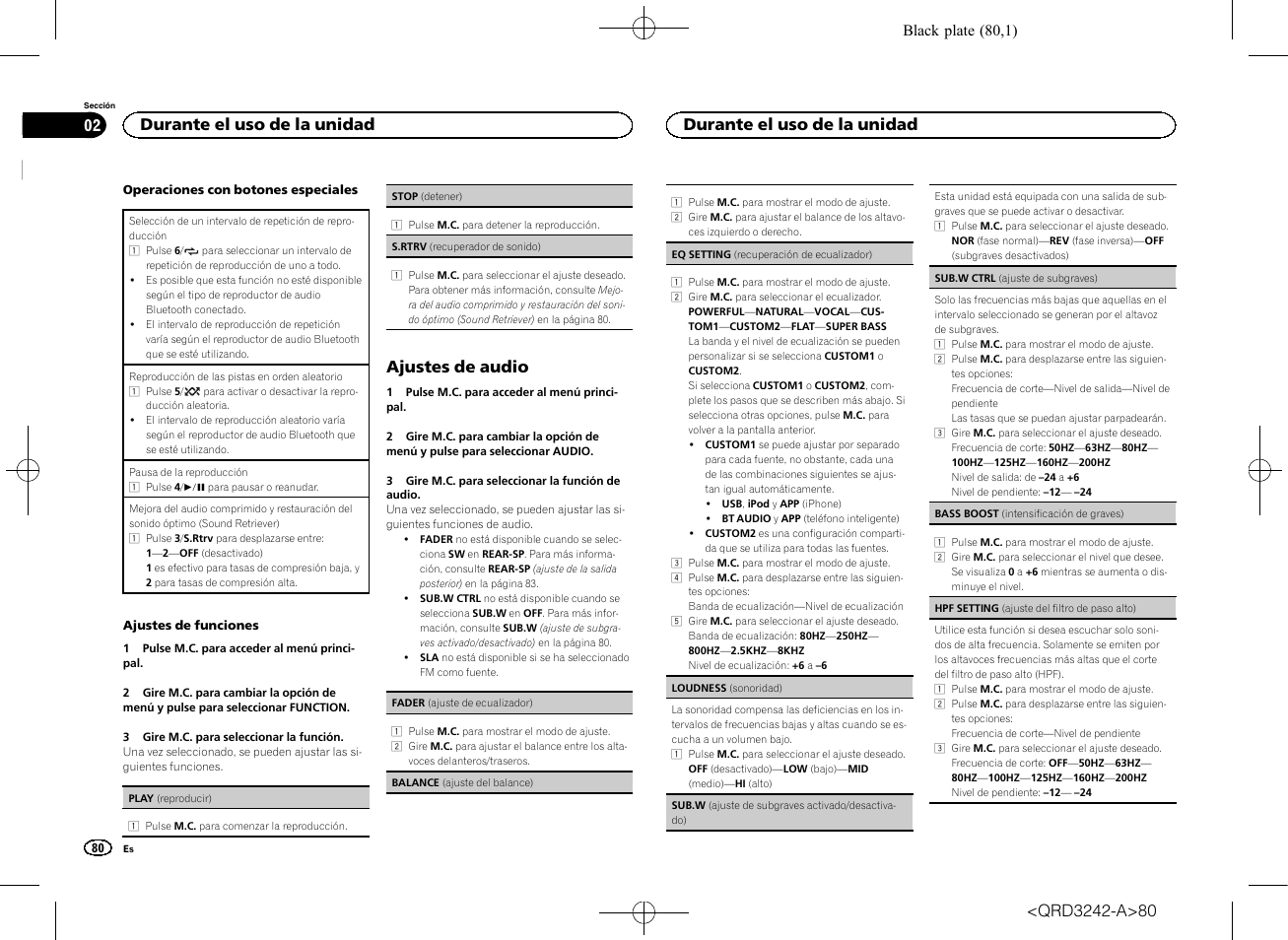 Ajustes de audio, Durante el uso de la unidad | Pioneer MVH-X560BT User Manual | Page 80 / 164