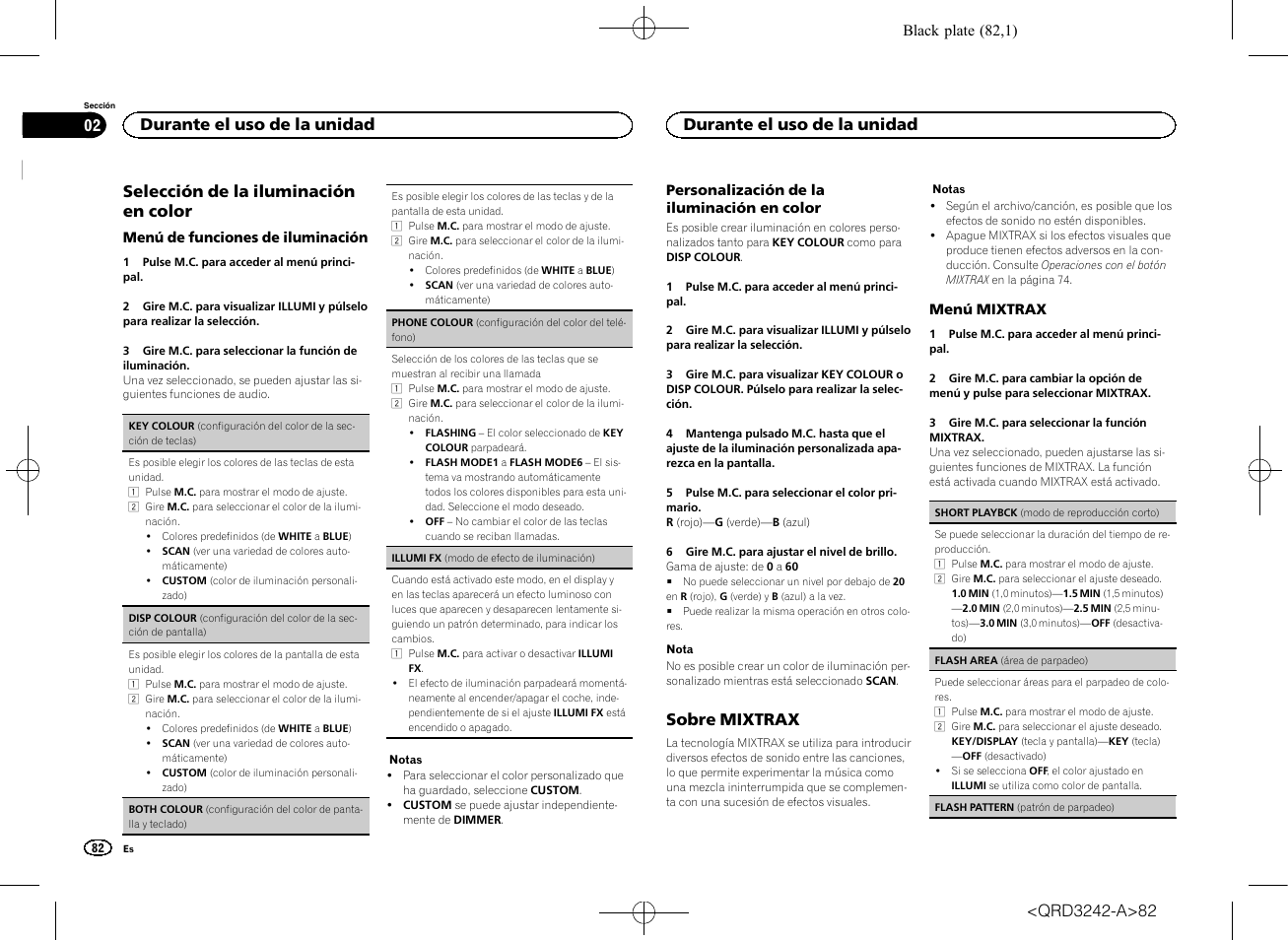 Selección de la iluminación en color, Sobre mixtrax, Durante el uso de la unidad | Pioneer MVH-X560BT User Manual | Page 82 / 164