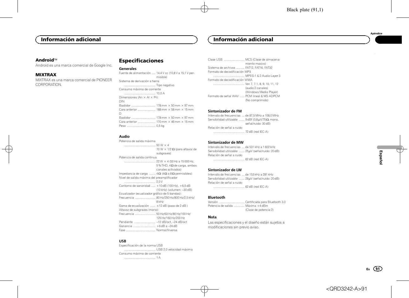 Especificaciones, Información adicional | Pioneer MVH-X560BT User Manual | Page 91 / 164