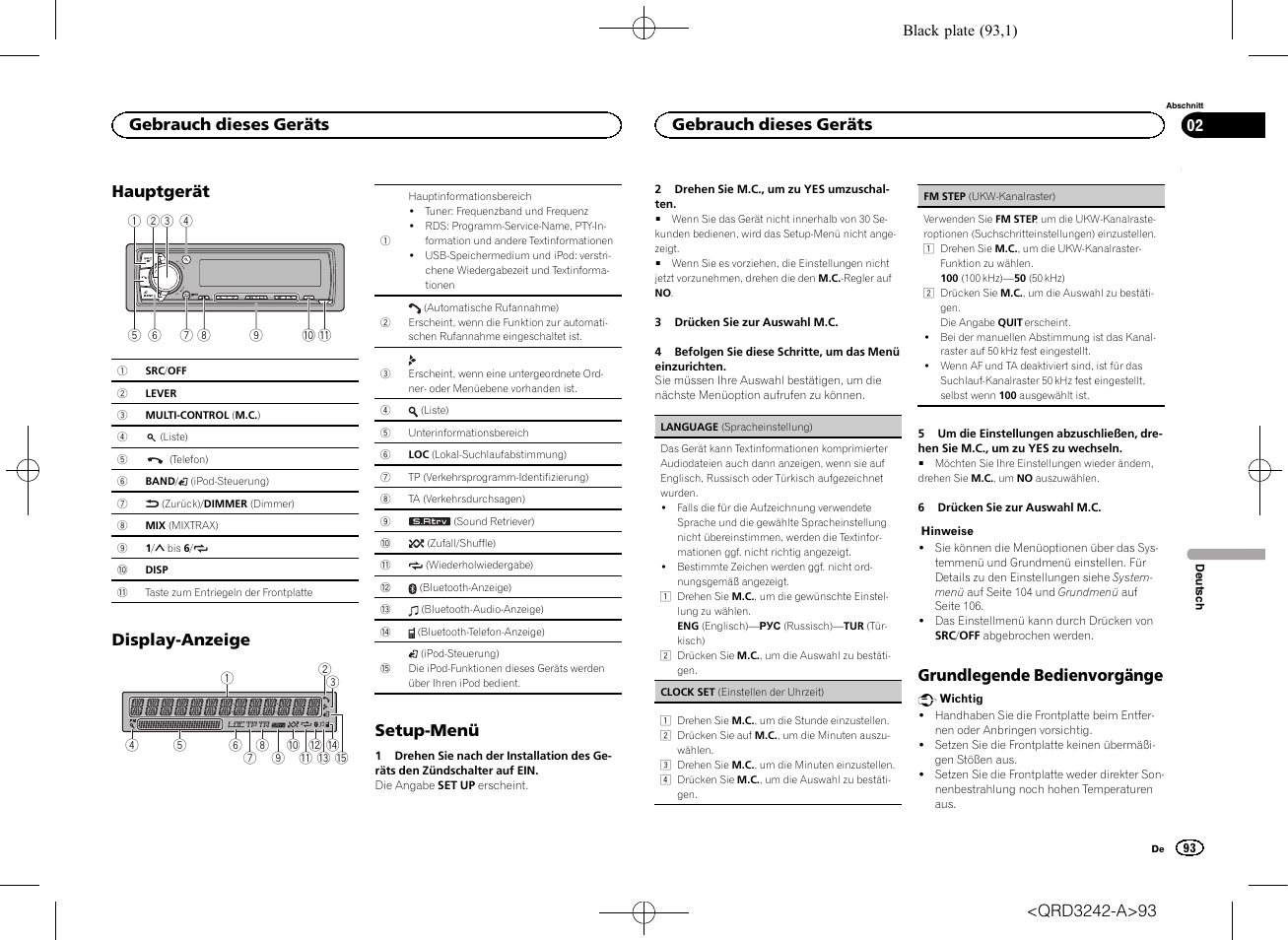 Hauptgerät, Display-anzeige, Setup-menü | Grundlegende bedienvorgänge, Gebrauch dieses geräts | Pioneer MVH-X560BT User Manual | Page 93 / 164