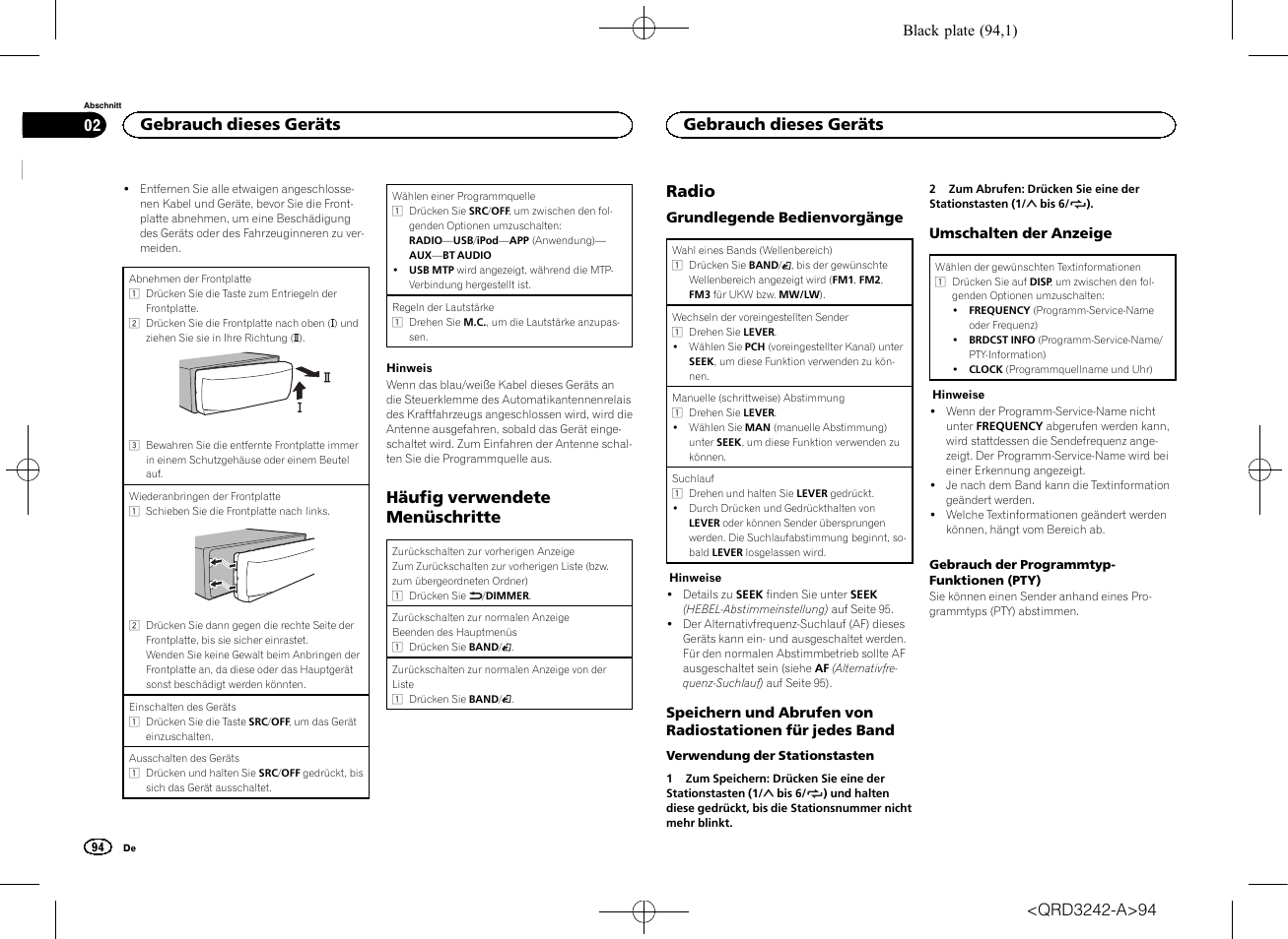 Häufig verwendete menüschritte, Radio, Gebrauch dieses geräts | Pioneer MVH-X560BT User Manual | Page 94 / 164