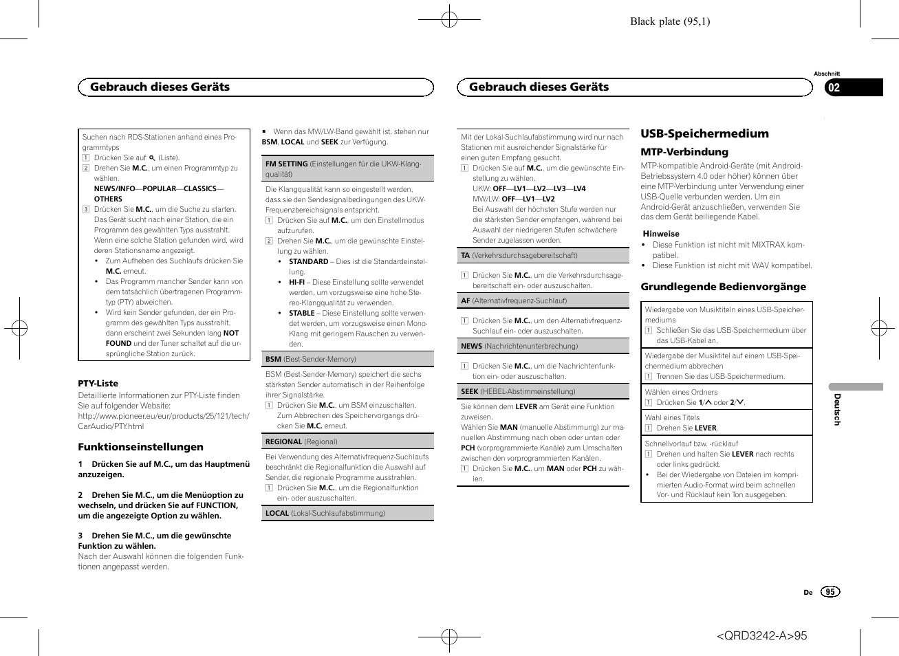 Seek, Hebel-abstimmeinstellung) auf seite 95, Af (alternativfre | Quenz-suchlauf) auf seite 95), Usb-speichermedium, Gebrauch dieses geräts | Pioneer MVH-X560BT User Manual | Page 95 / 164