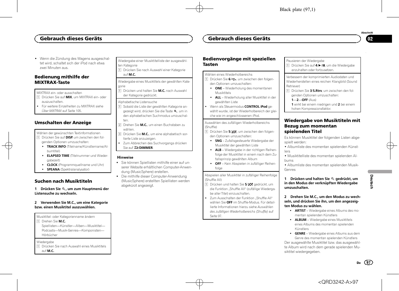 Gebrauch dieses geräts | Pioneer MVH-X560BT User Manual | Page 97 / 164