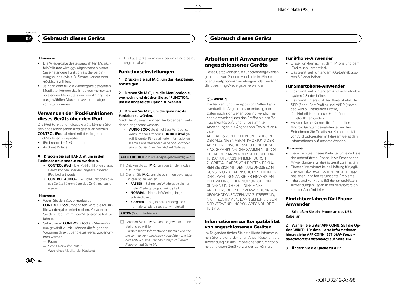 Arbeiten mit anwendungen angeschlossener geräte, Gebrauch dieses geräts | Pioneer MVH-X560BT User Manual | Page 98 / 164