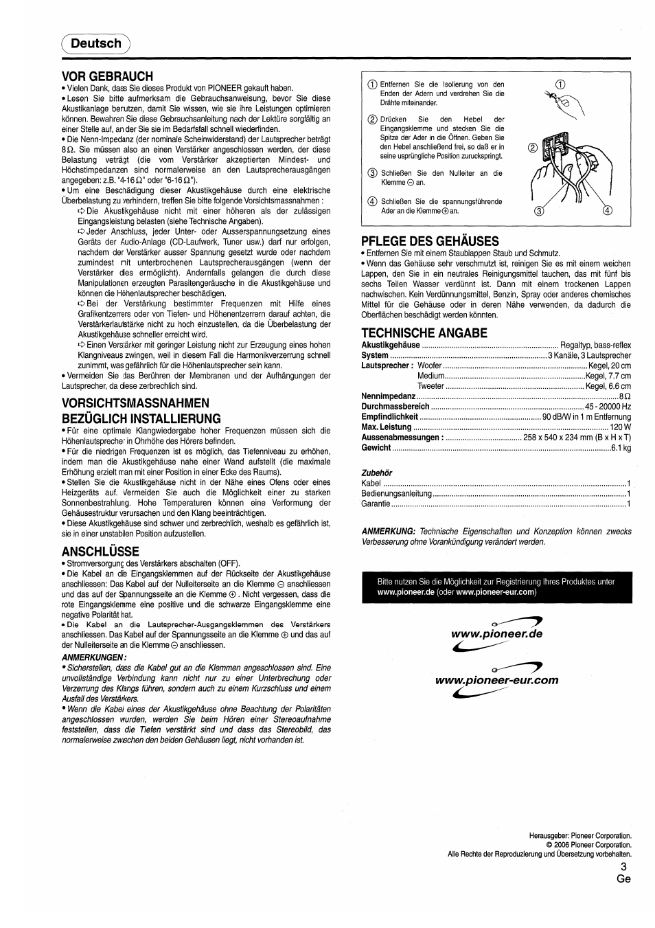 Deutsch, Vor gebrauch, Vorsichtsmassnahmen bezüglich installierung | Anschlüsse, Pflege des gehäuses, Technische angabe, Deutsch vor gebrauch | Pioneer CS-3070 User Manual | Page 3 / 8