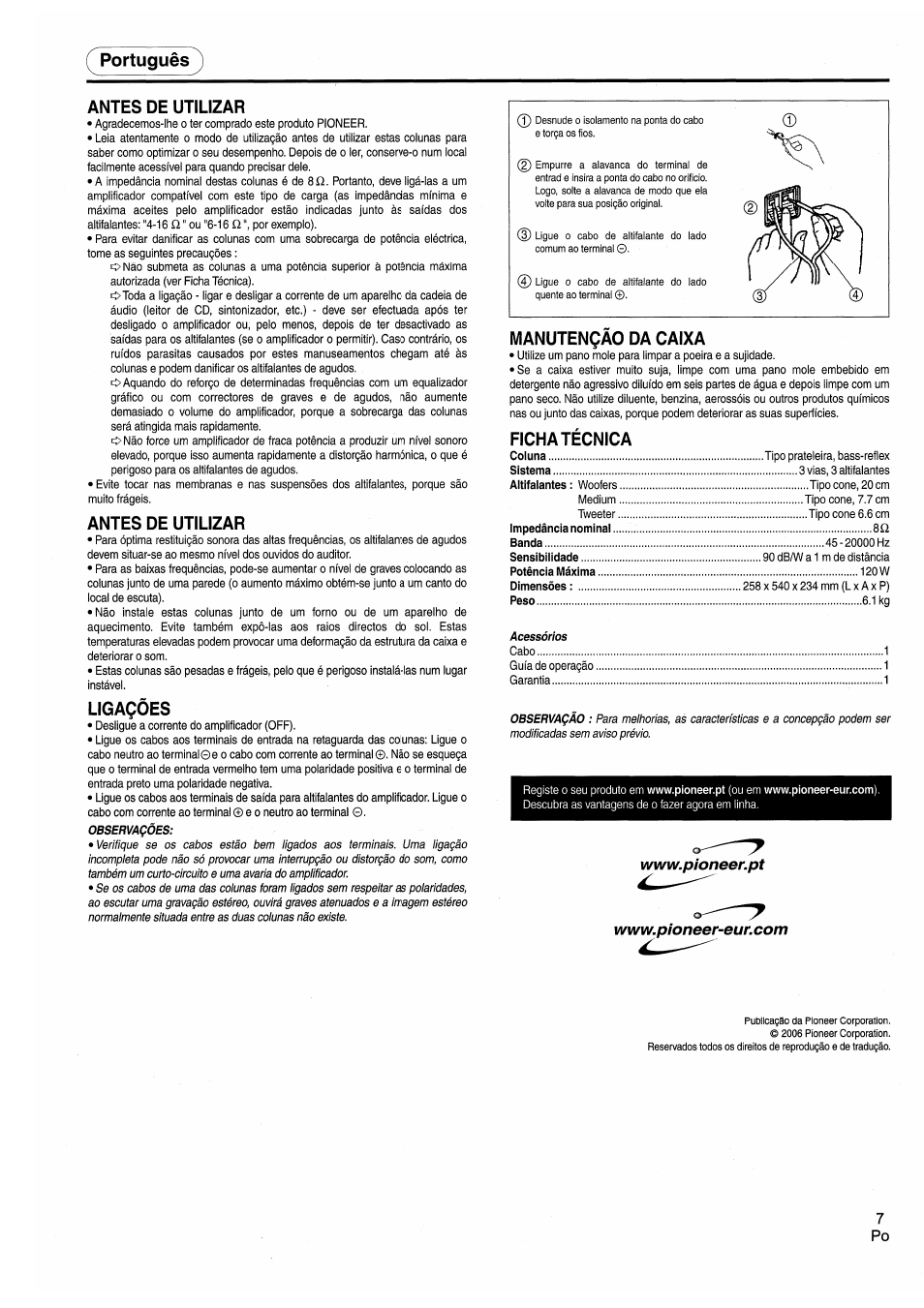 Portugués, Antes de utilizar, Ligaqóes | Manutençao da caixa, Ficha técnica, Portugués antes de utilizar | Pioneer CS-3070 User Manual | Page 7 / 8