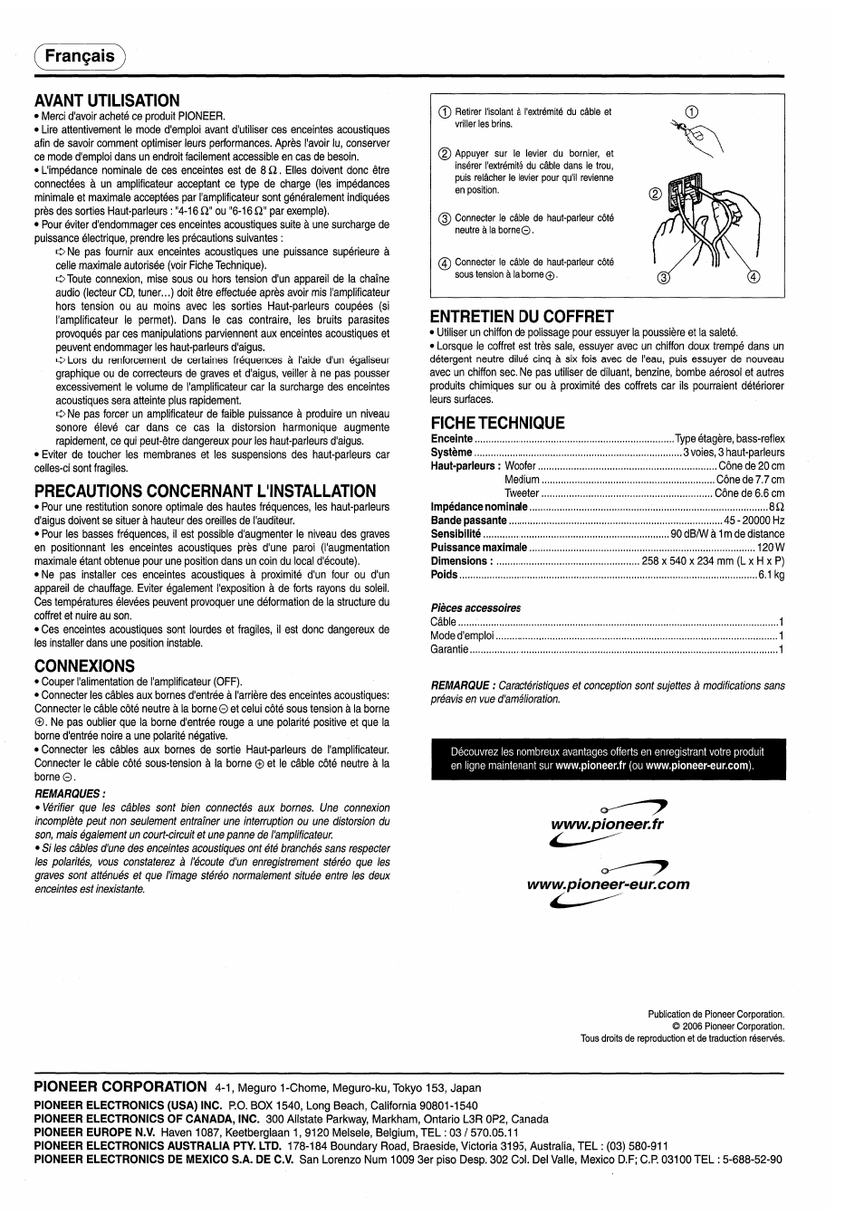 Français, Avant utilisation, Precautions concernant l'installation | Connexions, Entretien du coffret, Fiche technique, Français avant utilisation, Pioneer corporation | Pioneer CS-3070 User Manual | Page 8 / 8
