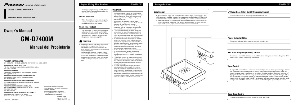Pioneer GM-D7400M User Manual | 6 pages