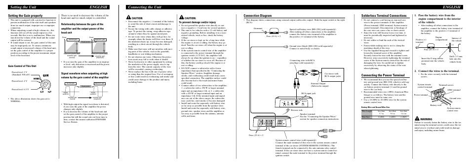 Connecting the unit english, Setting the unit english, Setting the gain properly | Solderless terminal connections, Connecting the power terminal, Connection diagram, Gain control of this unit, Connect the wires to the terminal, Warning, Caution | Pioneer GM-D7400M User Manual | Page 2 / 6
