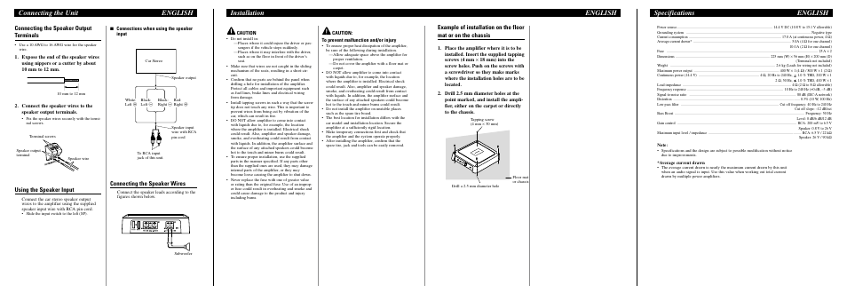 Connecting the unit english, Installation english specifications english, Connecting the speaker output terminals | Using the speaker input, Connecting the speaker wires | Pioneer GM-D7400M User Manual | Page 3 / 6