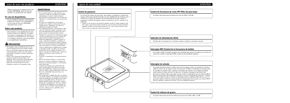 Ajuste de esta unidad español, Antes de usar este producto español, En caso de desperfectos | Sobre este producto, Precaucion, Advertencia, Control de ganancia, Control de refuerzo de graves, Indicador de alimentación (azul), Interruptor de entrada | Pioneer GM-D7400M User Manual | Page 4 / 6