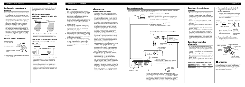 Conexión de la unidad español, Ajuste de esta unidad español, Configuración apropiada de la ganancia | Diagrama de conexión, Conexiones de terminales sin soldadura, Conexión del terminal de alimentación, Control de ganancia de esta unidad, Precaucion, Precaucion: para evitar daños y/o lesiones, Conecte los cables al terminal | Pioneer GM-D7400M User Manual | Page 5 / 6
