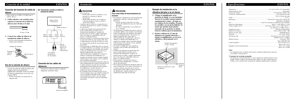 Especificaciones español, Conexión de la unidad español instalación español, Conexión del terminal de salida de altavoz | Uso de la entrada de altavoz, Conexión de los cables de altavoces | Pioneer GM-D7400M User Manual | Page 6 / 6
