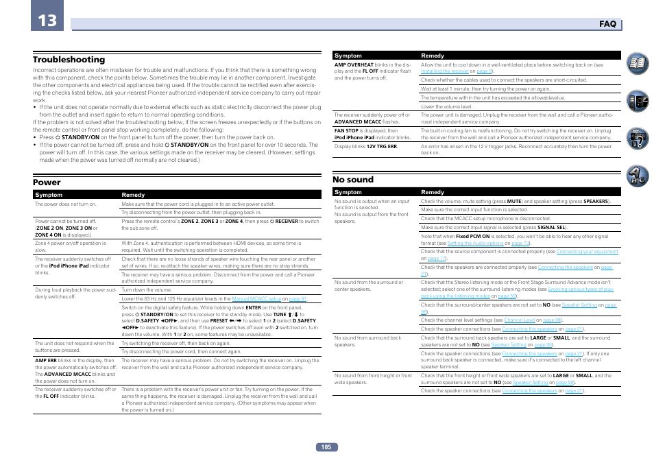 Troubleshooting power no sound, Troubleshooting, Power | No sound | Pioneer SC-LX76-K User Manual | Page 105 / 133