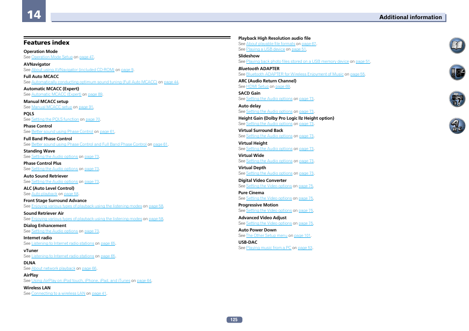 Features index | Pioneer SC-LX76-K User Manual | Page 125 / 133