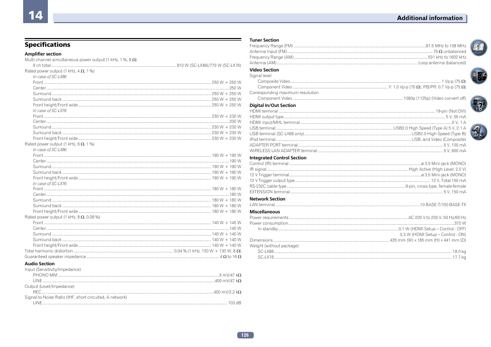 Specifications | Pioneer SC-LX76-K User Manual | Page 126 / 133