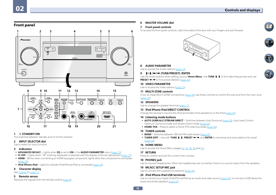 Front panel, Master volume sta ndb y/on inpu t selector | Pioneer SC-LX76-K User Manual | Page 14 / 133