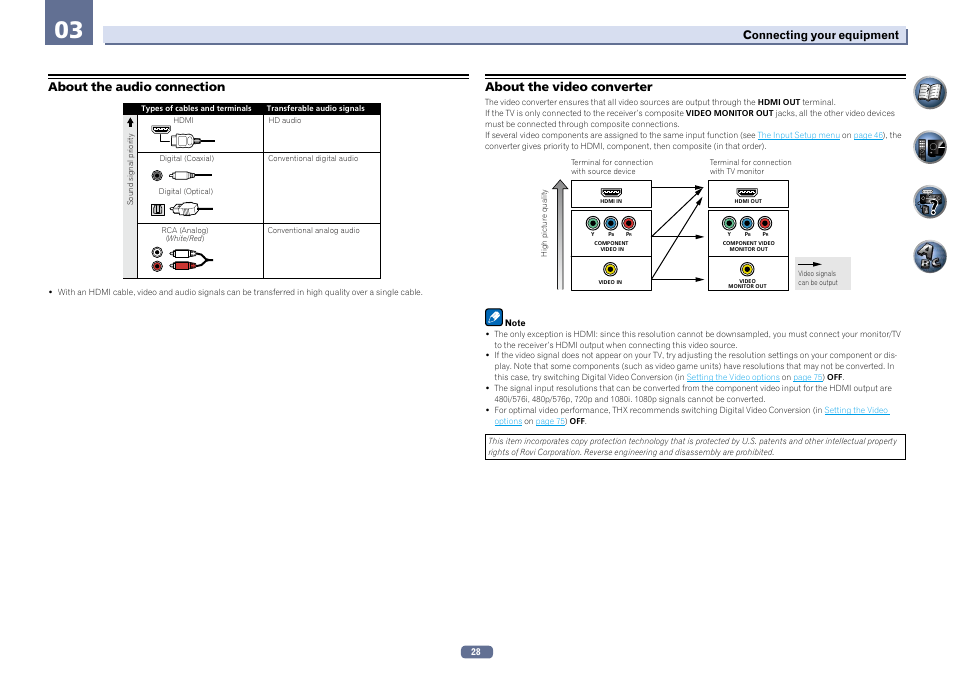 About the audio connection, About the video converter, Connecting your equipment | Pioneer SC-LX76-K User Manual | Page 28 / 133