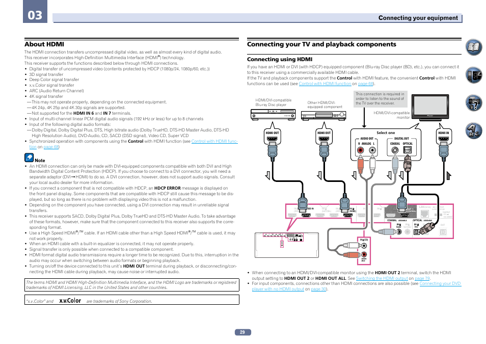 About hdmi, Connecting your tv and playback components | Pioneer SC-LX76-K User Manual | Page 29 / 133