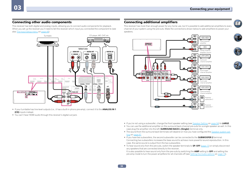 Connecting other audio components, Connecting additional amplifiers | Pioneer SC-LX76-K User Manual | Page 34 / 133